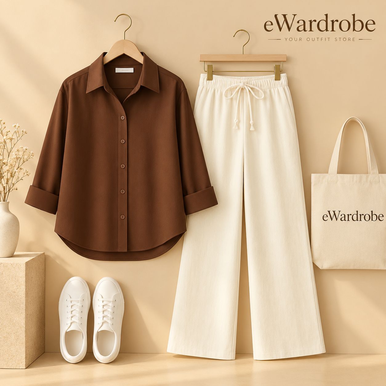 Brown Button Down Shirt with Beige Flapper