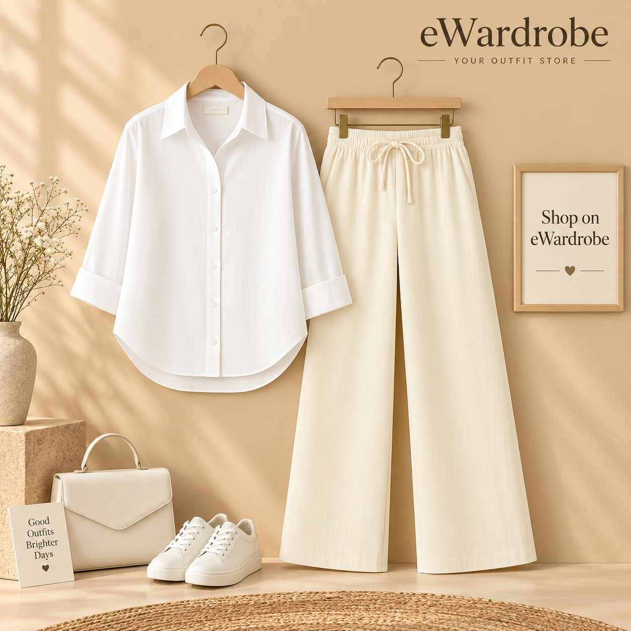 White Button down shirt with Beige Flapper