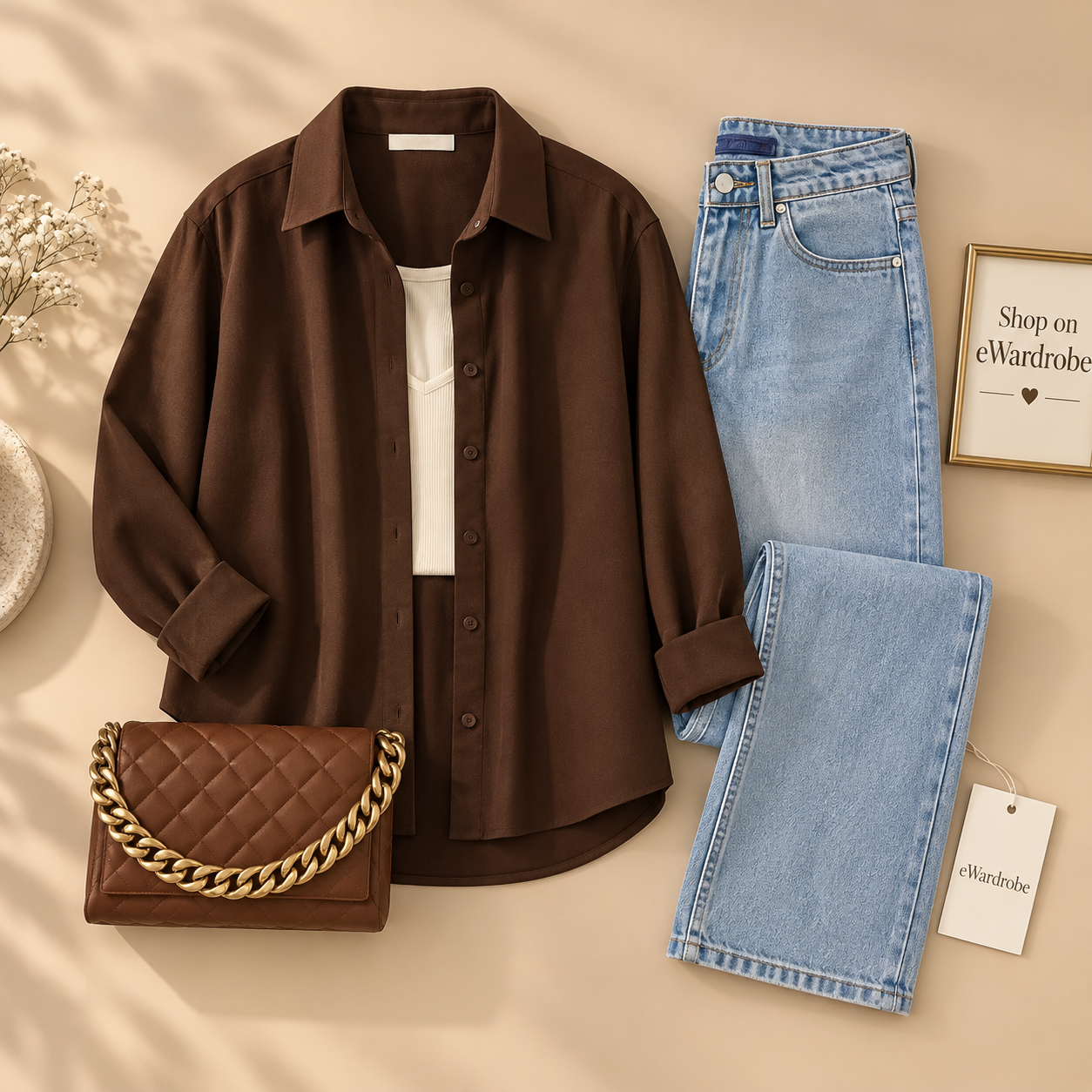 Brown Button Down Shirt With White Tanktop And Ice Blue Mom Jeans