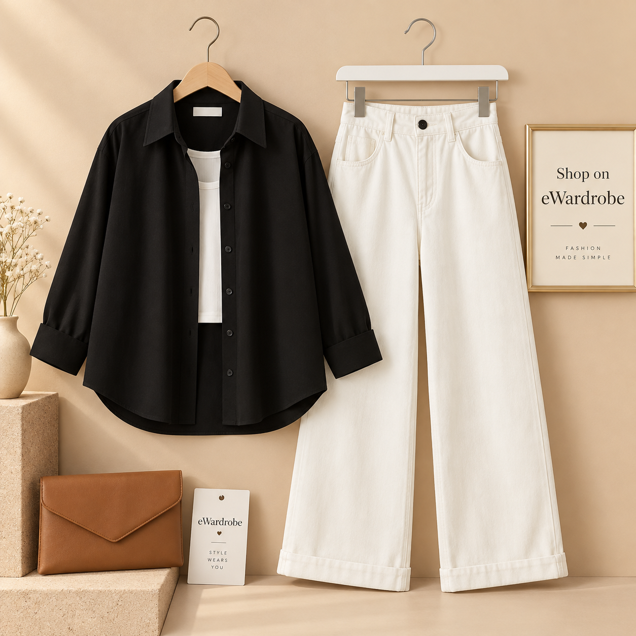 Black Button Down Shirt with White Wide Leg Jeans