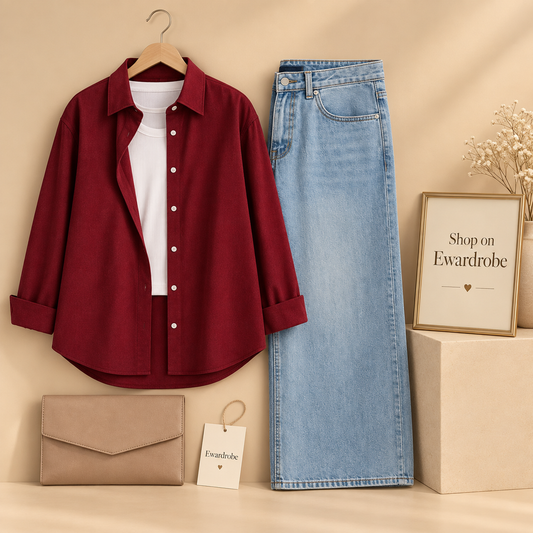 Maroon Button Down Shirt with White Tanktop And Ice Blue Wide Leg Jeans