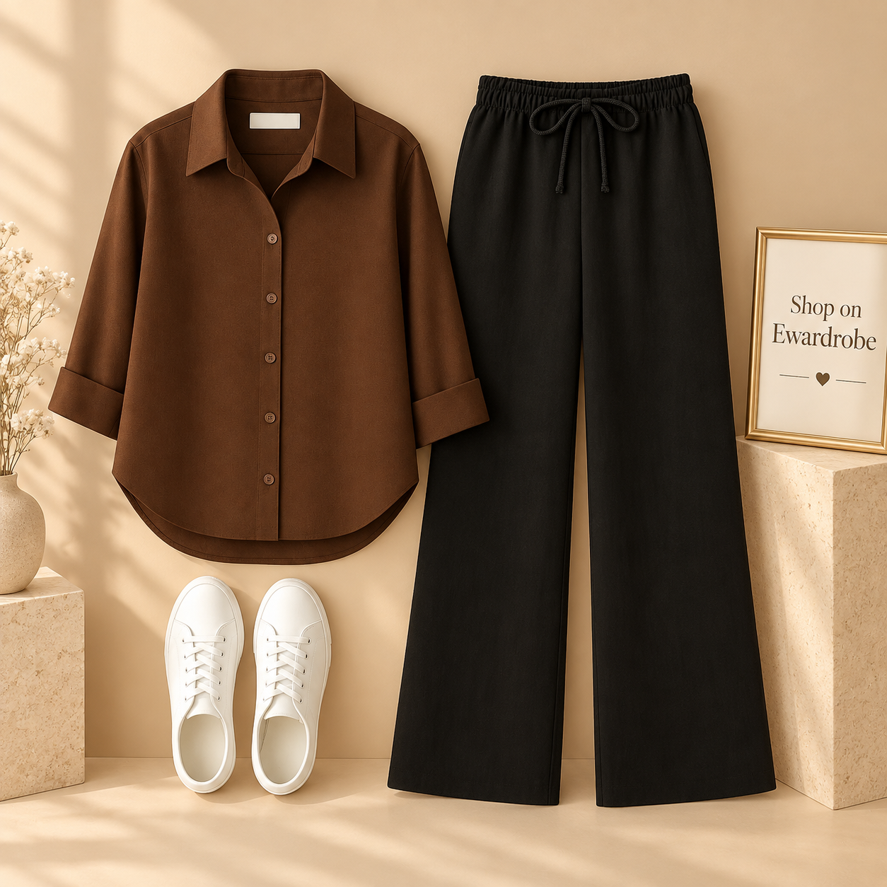 Brown Button Down Shirt With Black Flapper