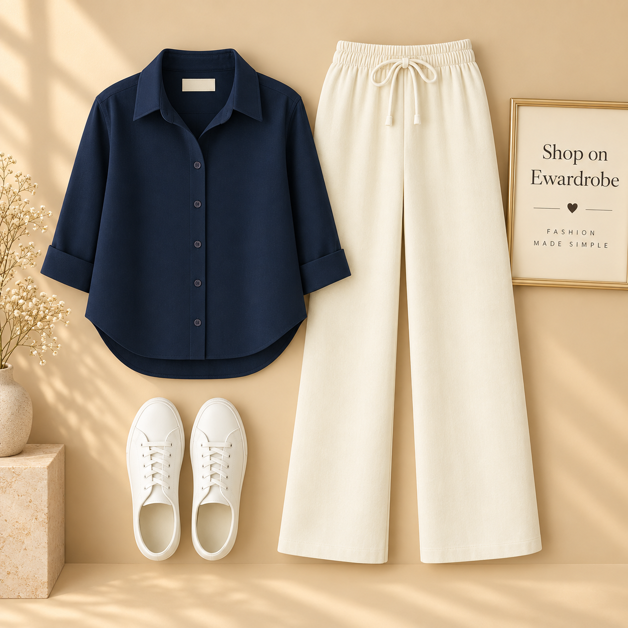 Navy Blue Button Down Shirt with Beige Flapper