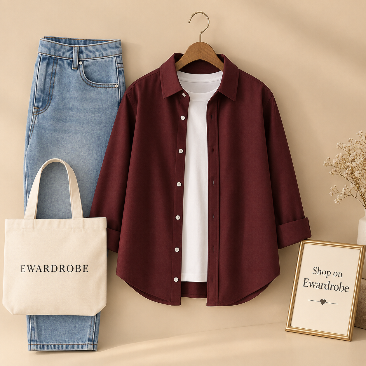 Maroon Button Down Shirt with Ice Blue Mom Jeans and White Inner Tee