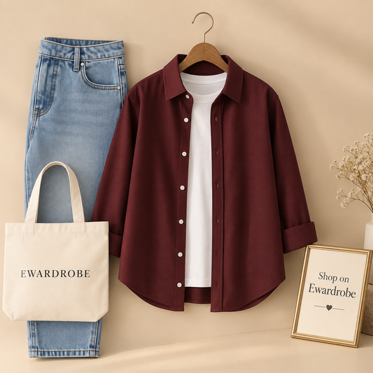 Maroon Button Down Shirt with Ice Blue Mom Jeans and White Inner Tee