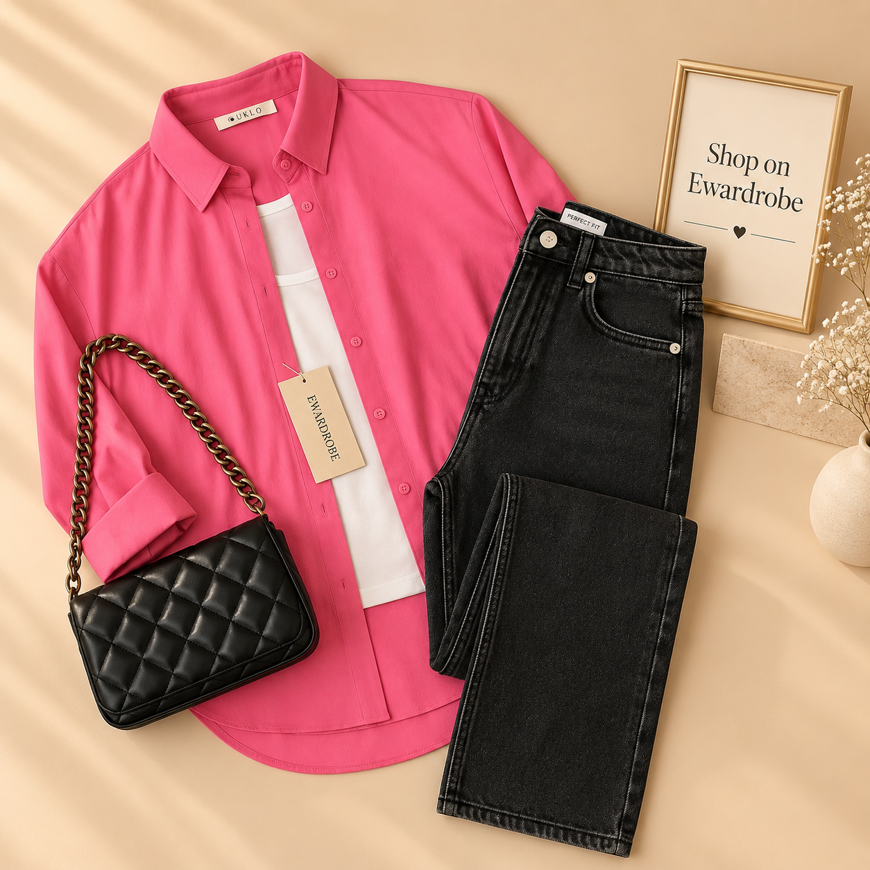 Shocking Pink Button Down Shirt With Black Mom Jeans And White Inner Tee