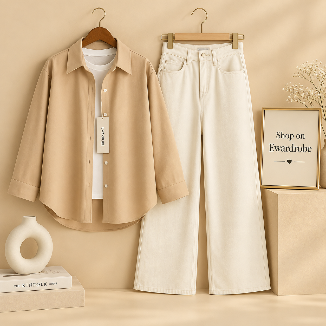 Cream Button Down Shirt With White Wide Leg Jeans And White Inner Tee