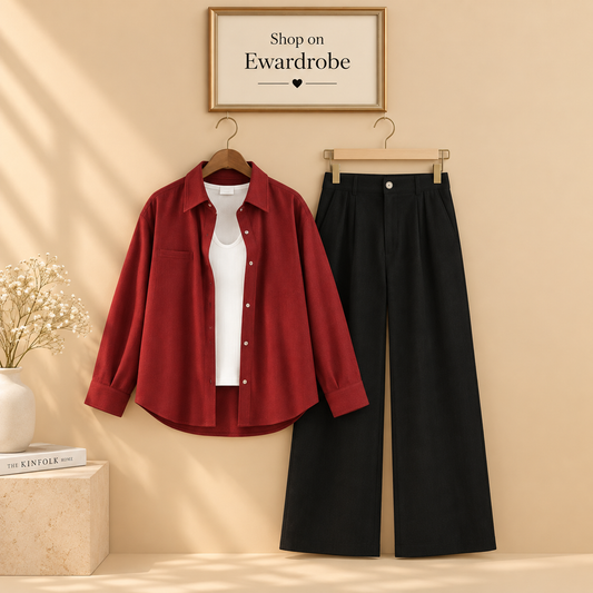 Maroon Button Down Shirt With White Inner Tee and Black Wide Leg Jeans