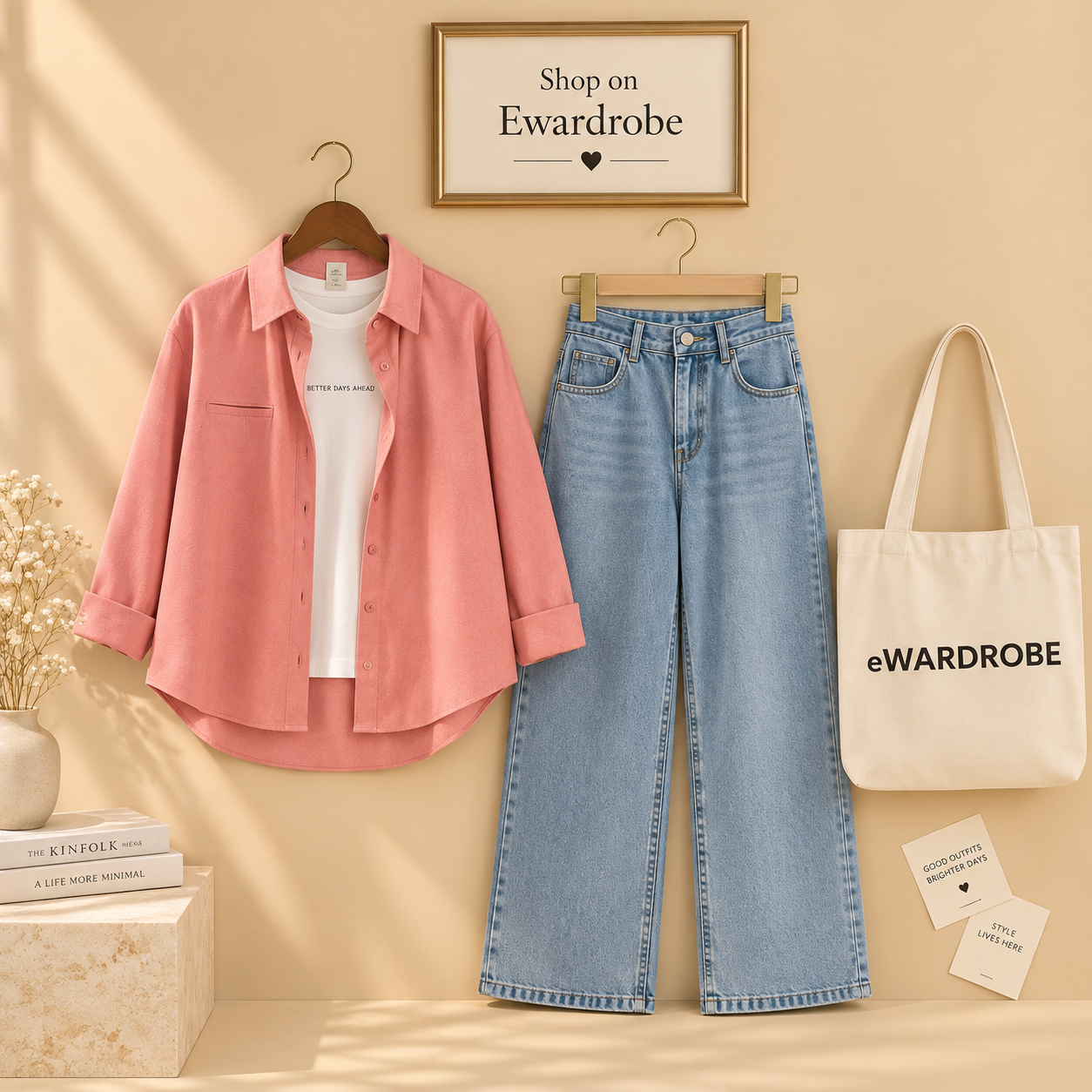 Pink Button Down Shirt With White Inner Tee and Ice Blue Wide Leg Jeans