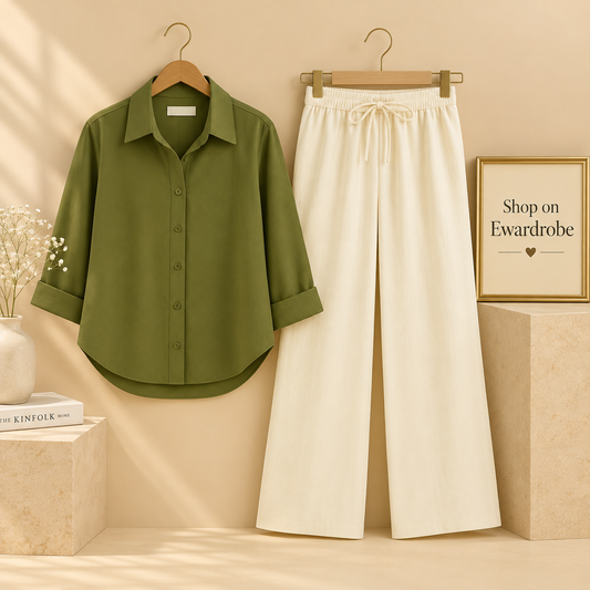 Olive Green Button Down shirt With Beige Flapper