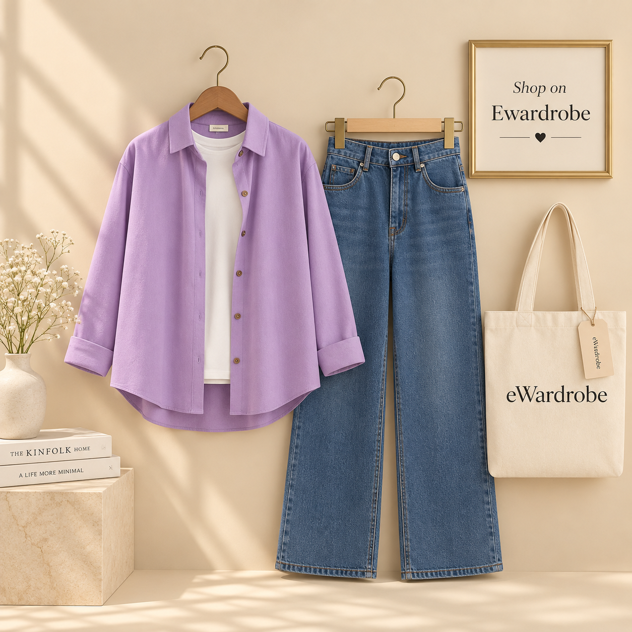 Lilac Button Shirt With White Inner Tee And Mid Blue Wide Leg Jeans