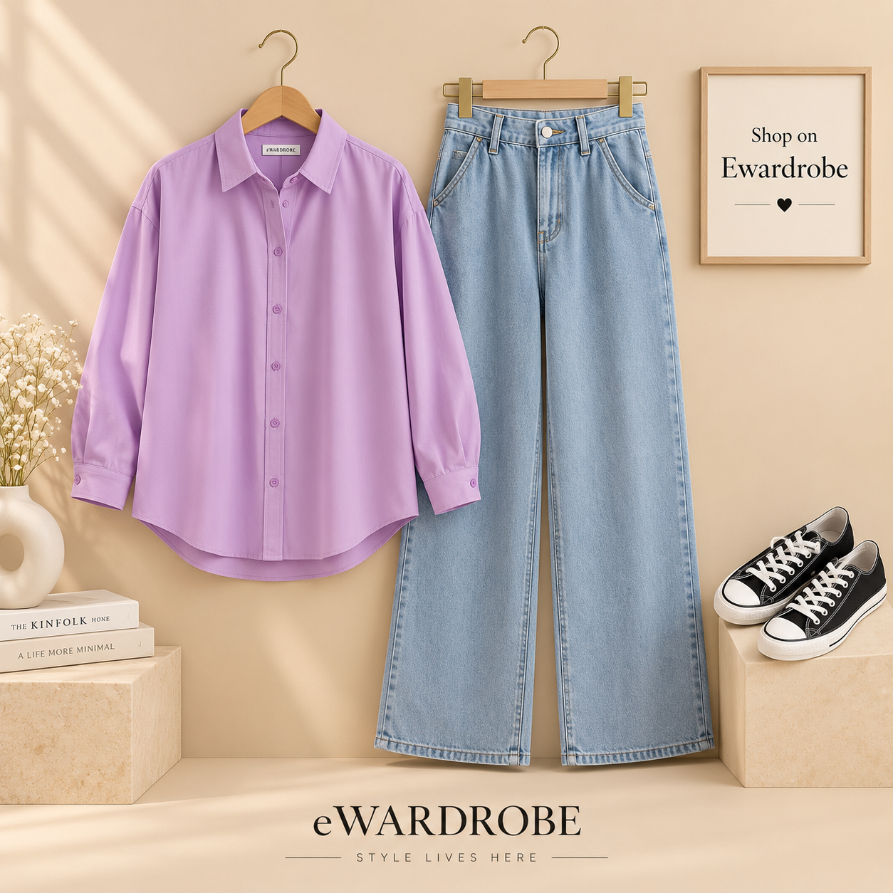 Lilac Button Down Shirt With Ice Blue Wide Leg Jeans