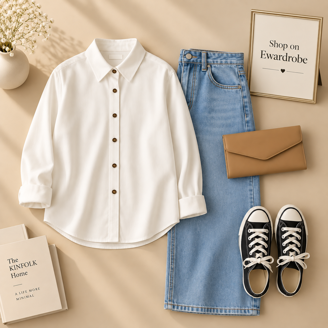 White Button Down Shirt With Ice Blue Wide Leg Jeans