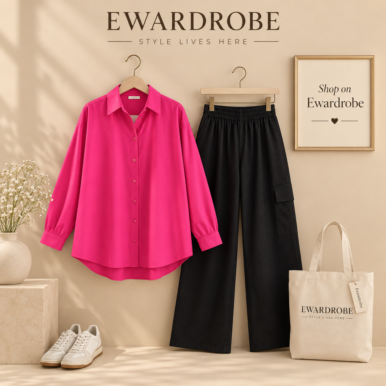 Shocking Pink Button Down Shirt With Black Cargo Trouser