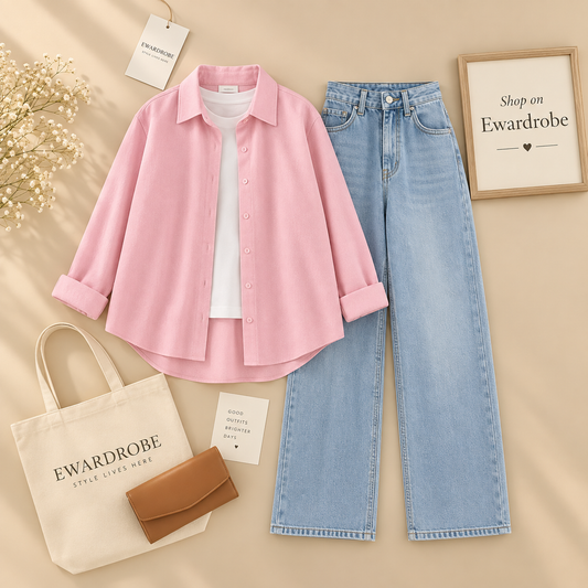 Pink Button Down Shirt With White Inner Tee and Ice blue Wide Leg Jeans