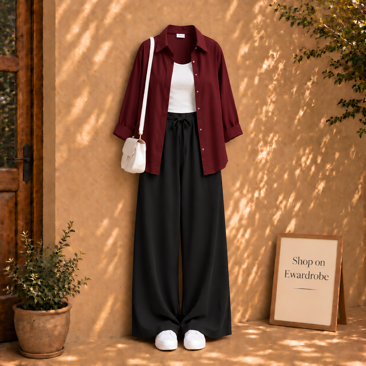 Maroon Button Down Shirt With White Tanktop And Black Flapper