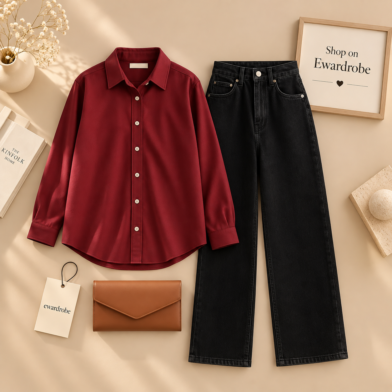 Maroon Button Down Shirt With Black Wide Leg Jeans