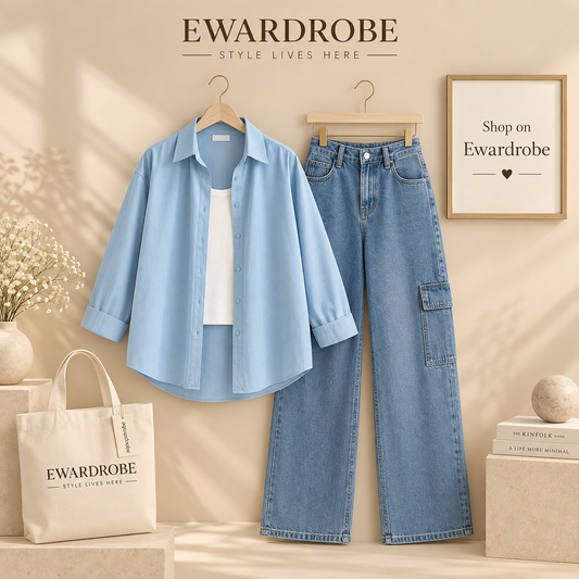 Sky Blue Button Down Shirt With White Tanktop and Sky Blue Cargo Jeans