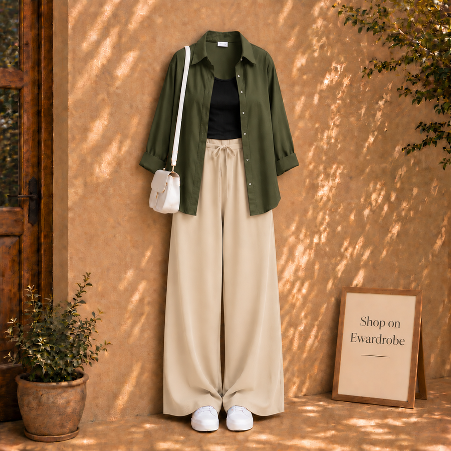 Olive Green Button Down Shirt With Black Tanktop and Beige Flapper