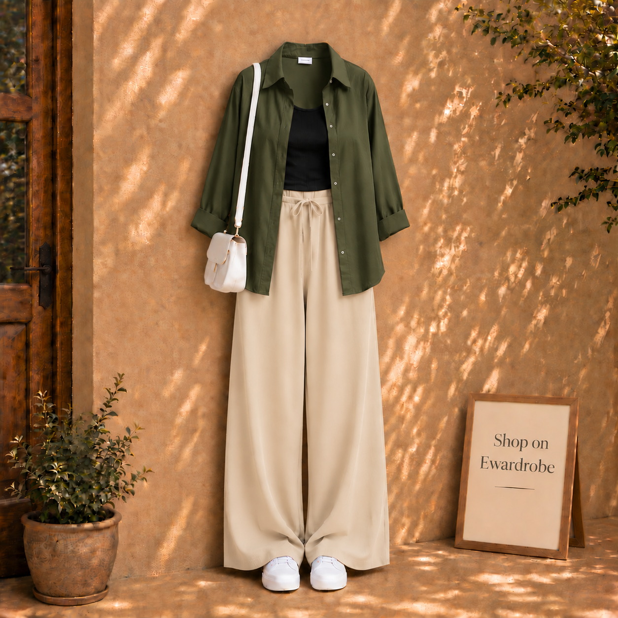 Olive Green Button Down Shirt With Black Tanktop and Beige Flapper