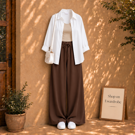 White Button Down Shirt With Beige Tanktop and Brown Flapper