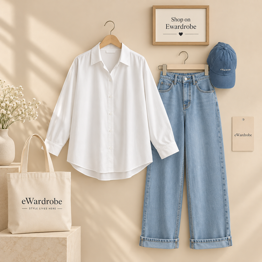 White Button Down Shirt With Ice Blue Wide Leg Jeans