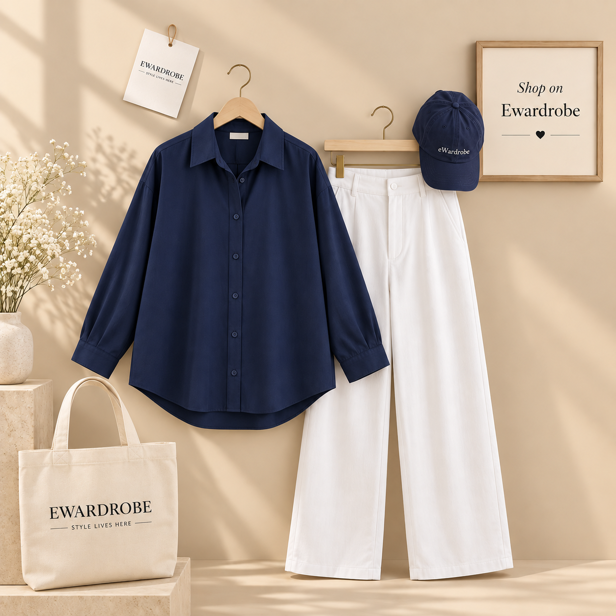 Navy Blue Button Down Shirt and White Wide Leg Jeans