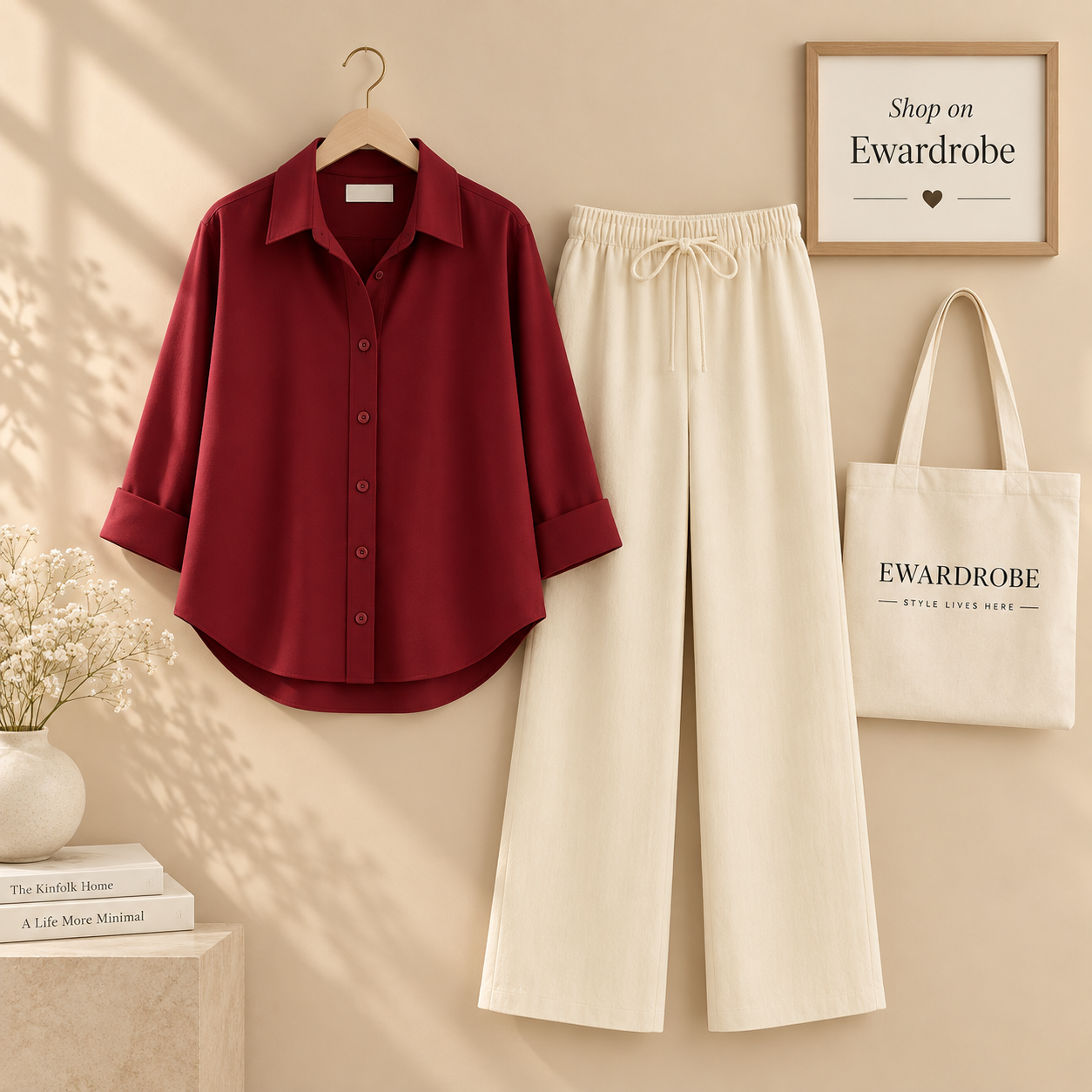 Maroon Button Down Shirt With Beige Flapper