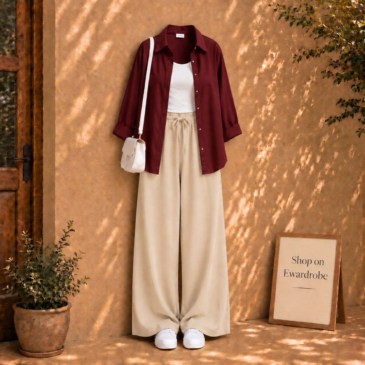 Maroon Button Down Shirt With White Tanktop and Beige Flapper