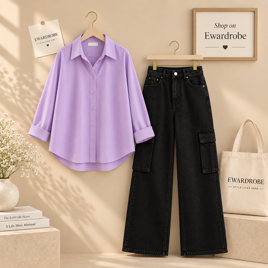 Lilac Button Down Shirt With Black Cargo Wide Leg Jeans