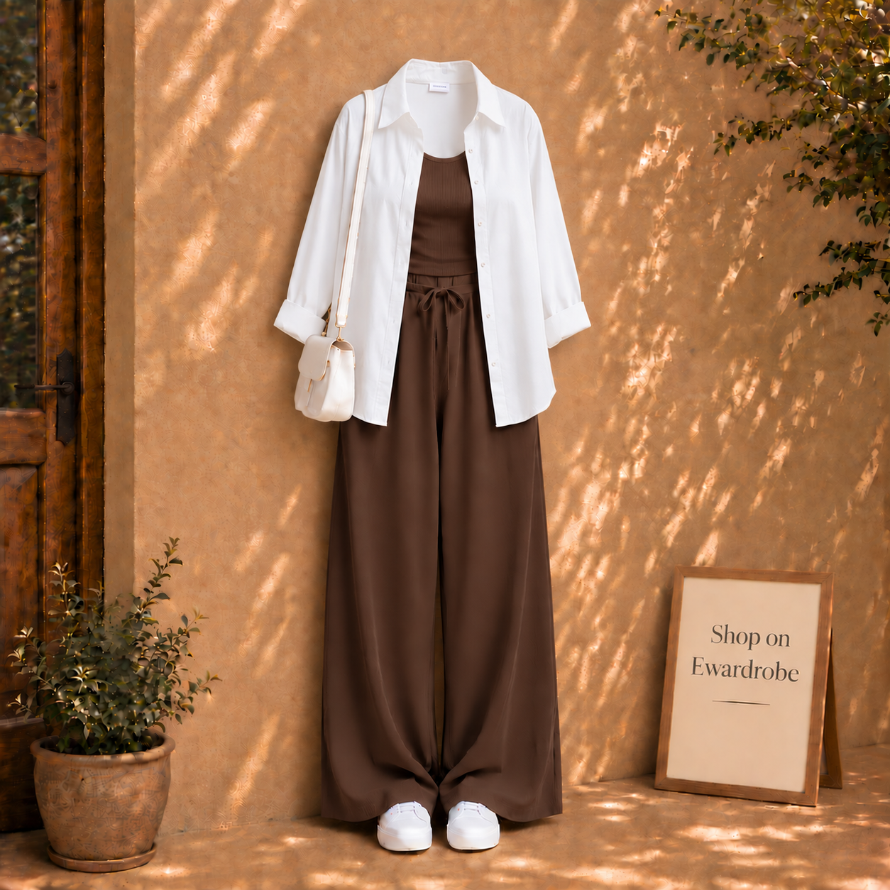 White Button Down Shirt With Brown Tanktop and Brown Flapper