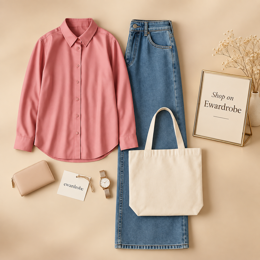 Pink Button Down Shirt With Ice Blue Wide Leg Jeans