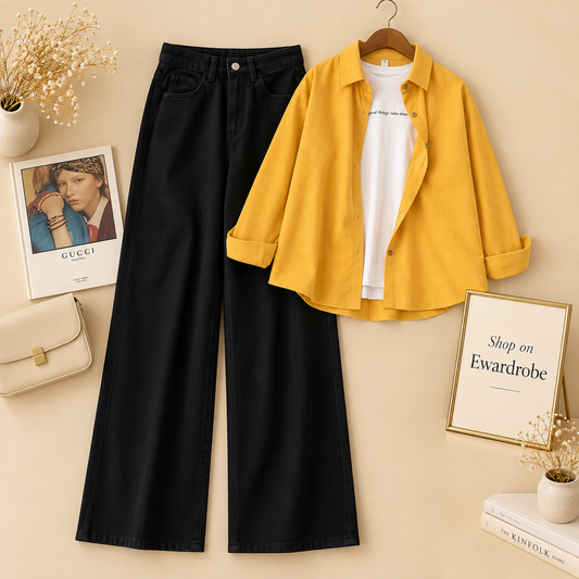 Mustard Button Down Shirt With White Inner tee and Black Wide Leg Jeans