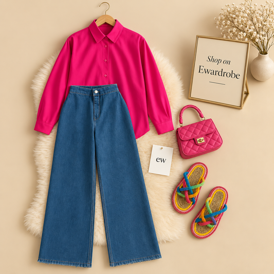 Shocking Pink Button Down Shirt With Dark Blue Wide Leg Jeans