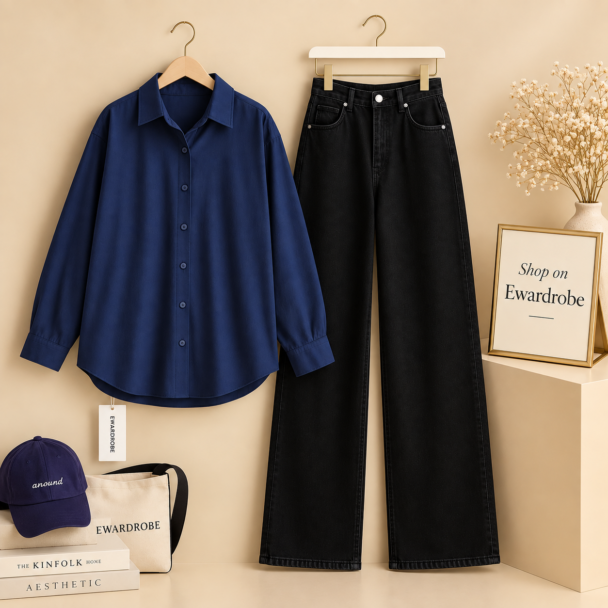 Navy Blue Button Shirt With Black Wide Leg Jeans