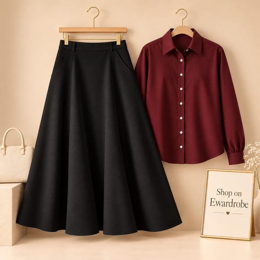 Maroon Button Down Shirt With Black Twill Long Skirt