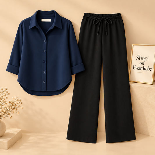 Navy Blue Button Down Shirt With Black Flapper