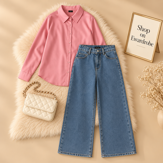 Pink Button Down Shirt With Mid Blue Wide Leg Jeans