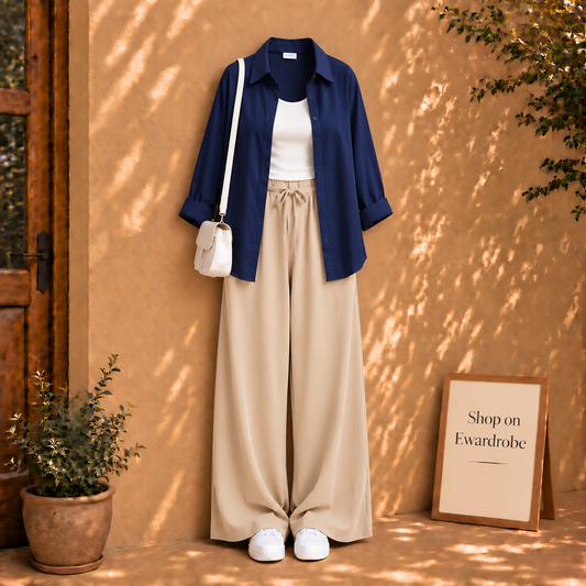 Navy Blue Button Down Shirt With Beige Flapper And White Tank Top