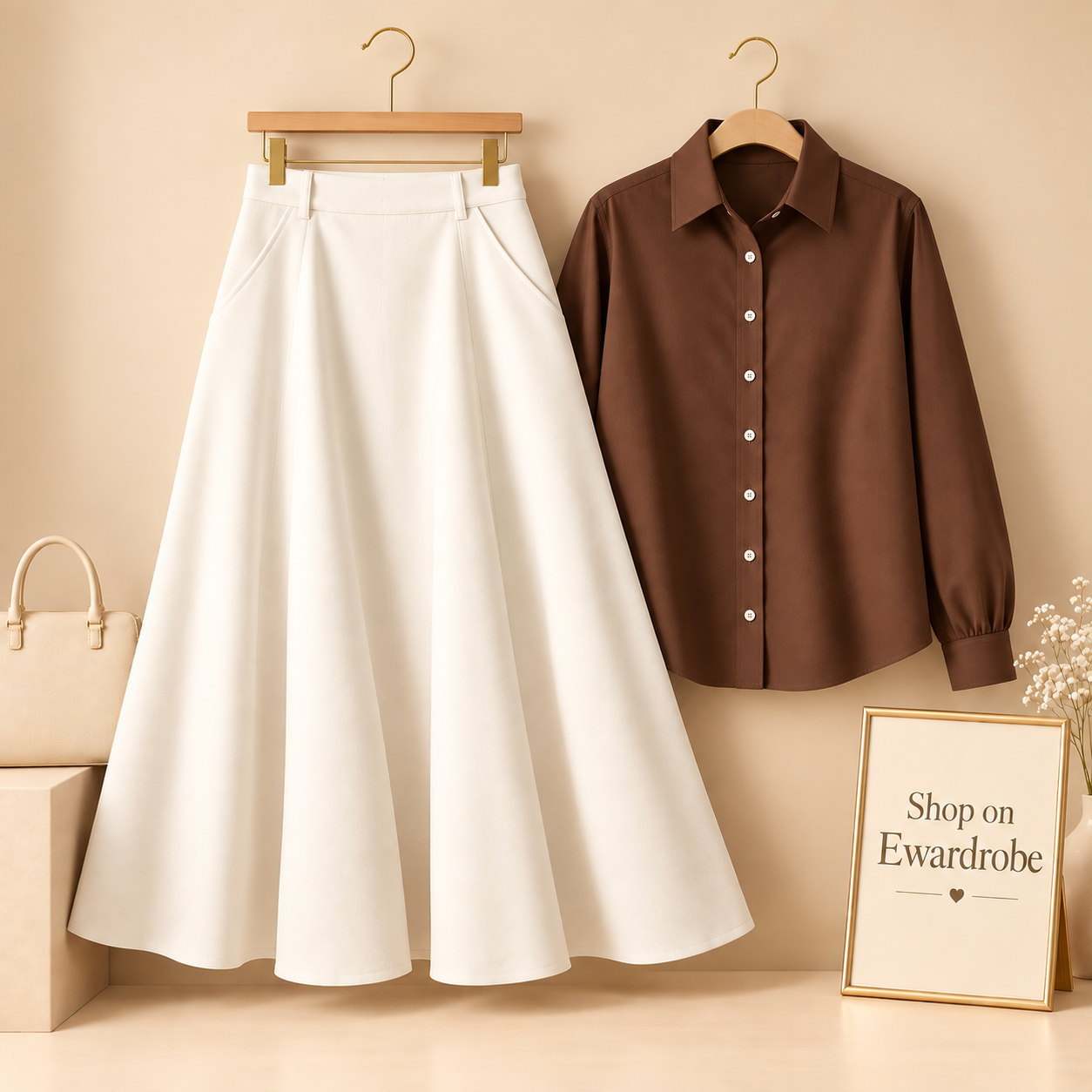 Brown Button Down Shirt With White Twill Long Skirt