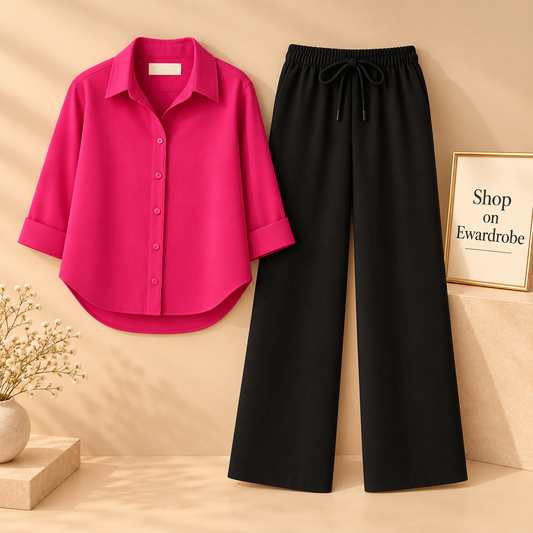 Shocking Pink Button Down Shirt With Black Flapper