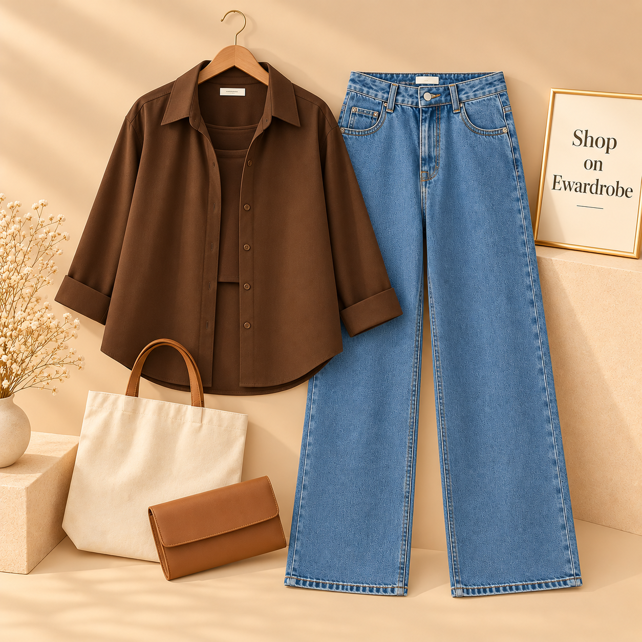 Brown Button Down Shirt With Mid Blue Wide Leg Jeans And Brown Tank Top