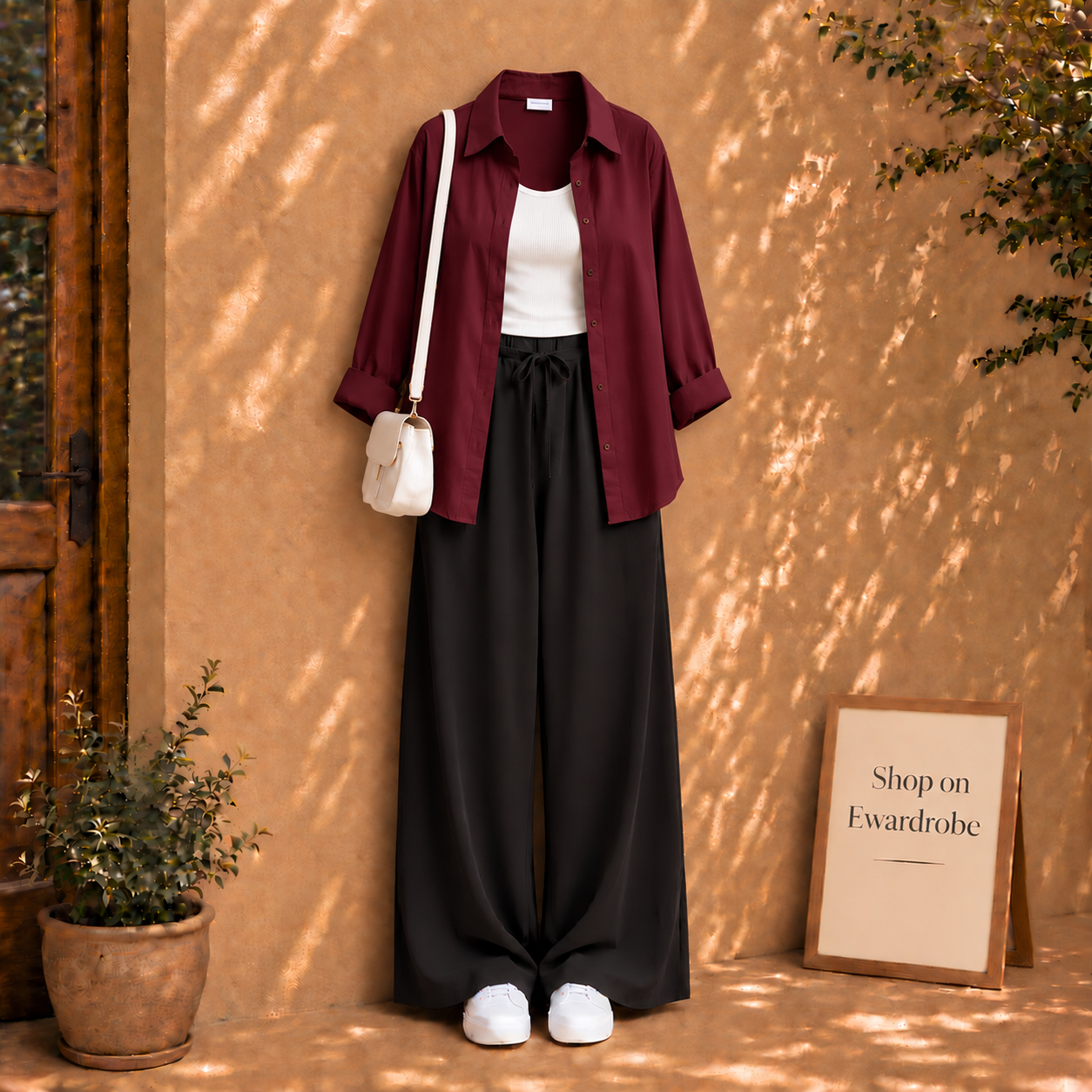 Maroon Button Down Shirt With Black Flapper and White Tanktop