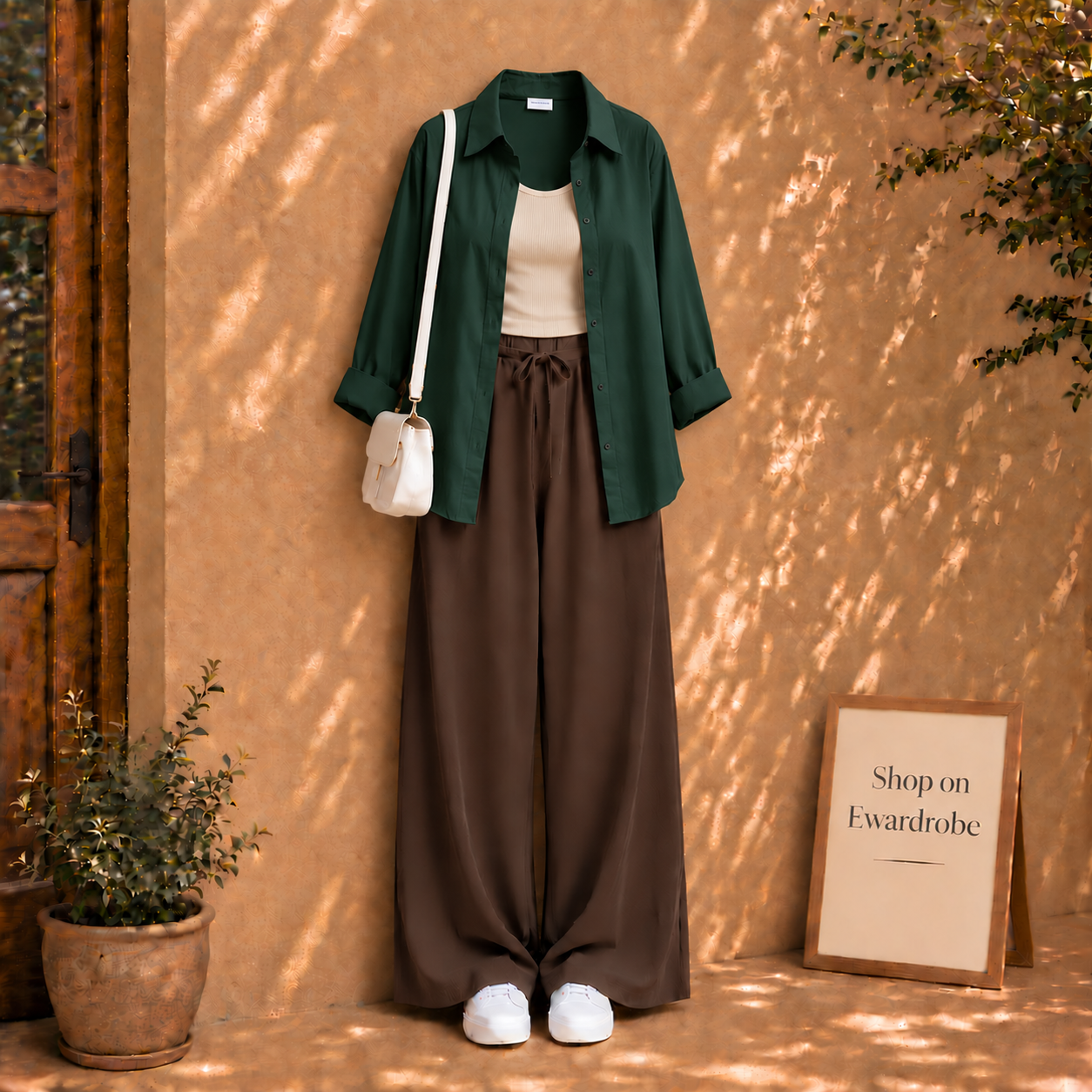 Bottle Green Button Down Shirt With Brown Flapper and Beige Tanktop