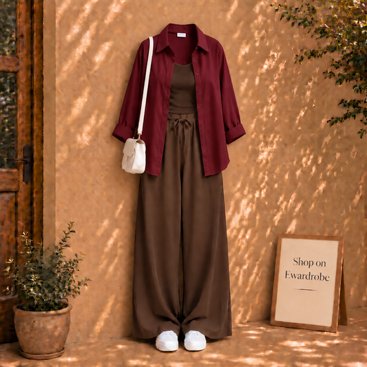 Maroon Button Down Shirt With Brown Flapper And Brown Tank Top