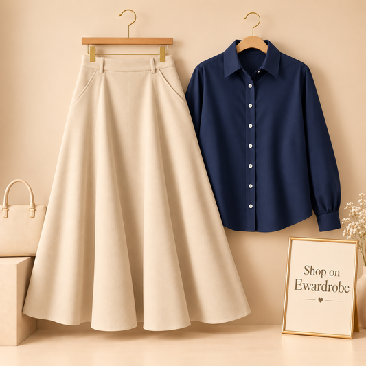 Navy Blue Button Down Shirt With Beige Twill Long Skirt