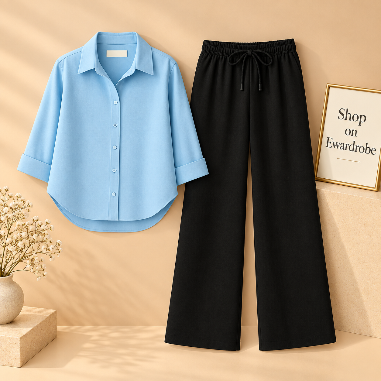 Sky Blue Button Down Shirt With Black Flapper