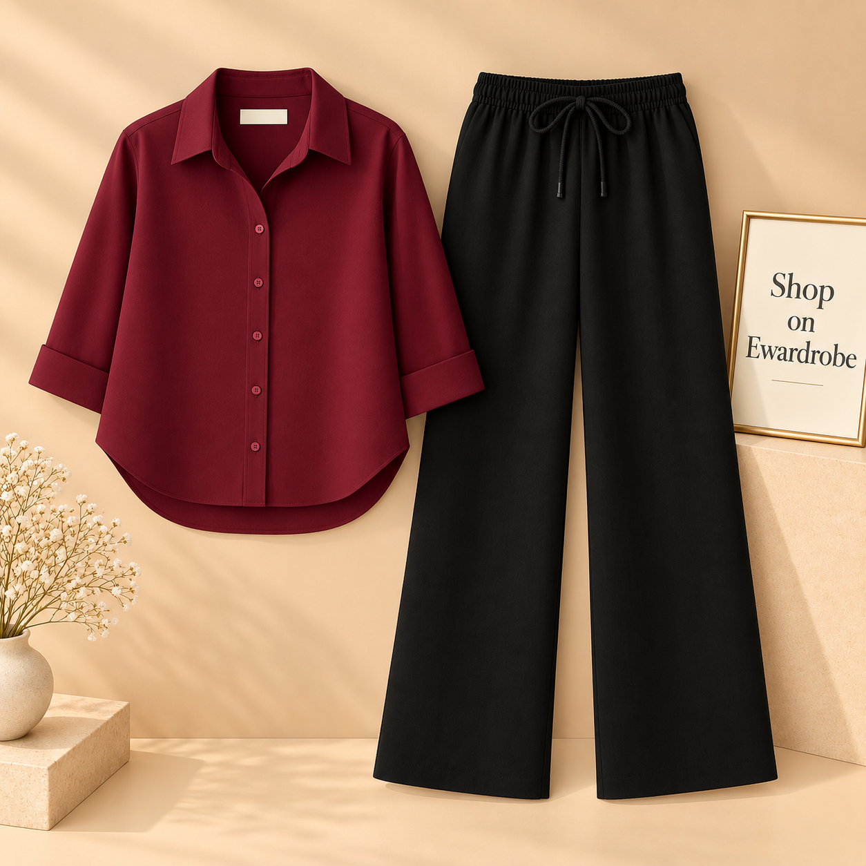 Maroon Button Down Shirt With Black Flapper