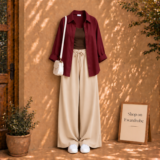 Maroon Button Shirt With Beige Flapper And Brown Tank Top