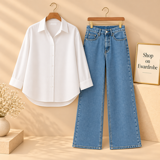 White Button Down Shirt With Ice Blue Mom Jeans